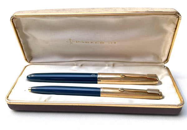 Original Parker 51 Set of Teal Blue FP & BP w/Case, NOS, Argentina (CM1381)